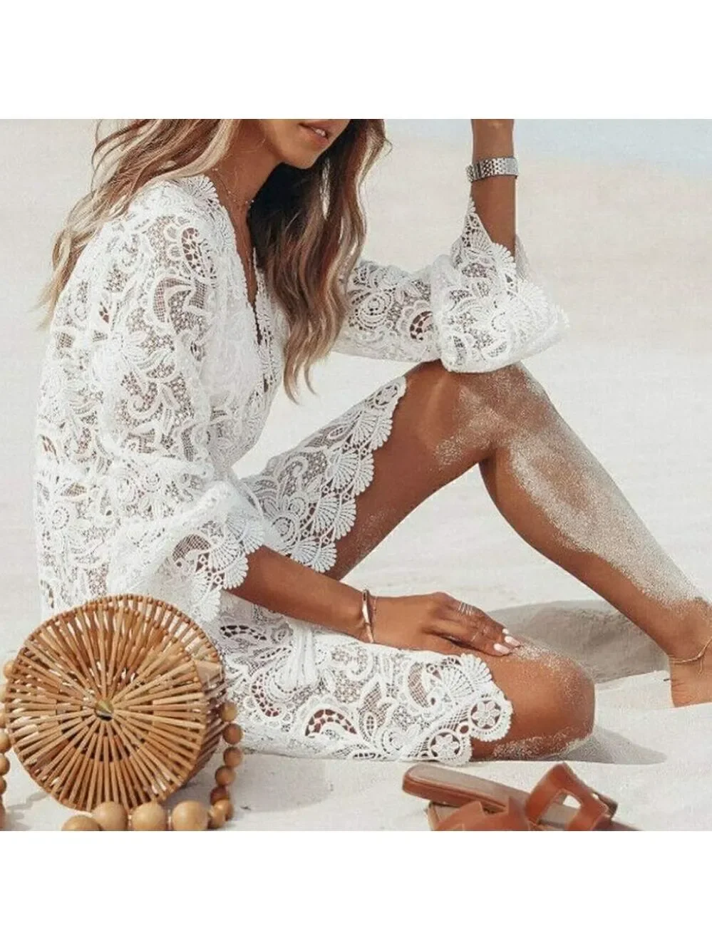 Lace Hollow Crochet Bikini Cover-ups Floral Beach Dress Beachwear Bathing Suit - Picture 12 of 12